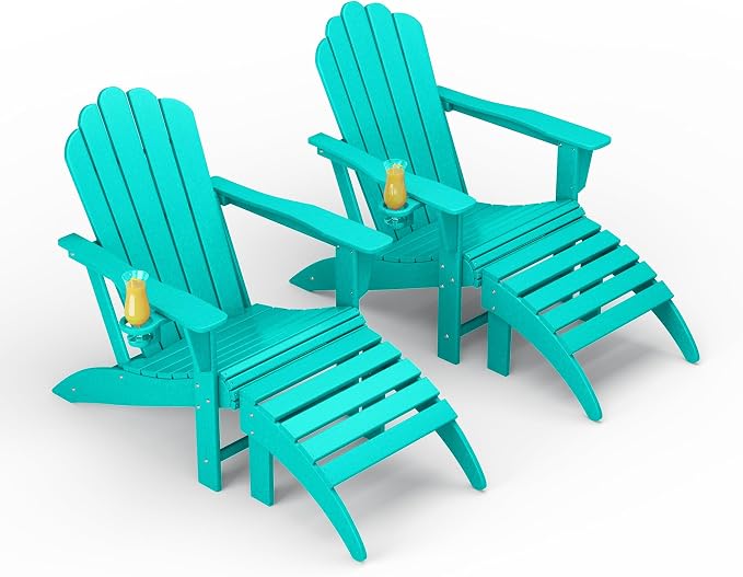 Costaelm Lakeview 4-Piece Outdoor Patio HDPE Adirondack Chairs with Ottomans and Cup Holder Set, Turquoise