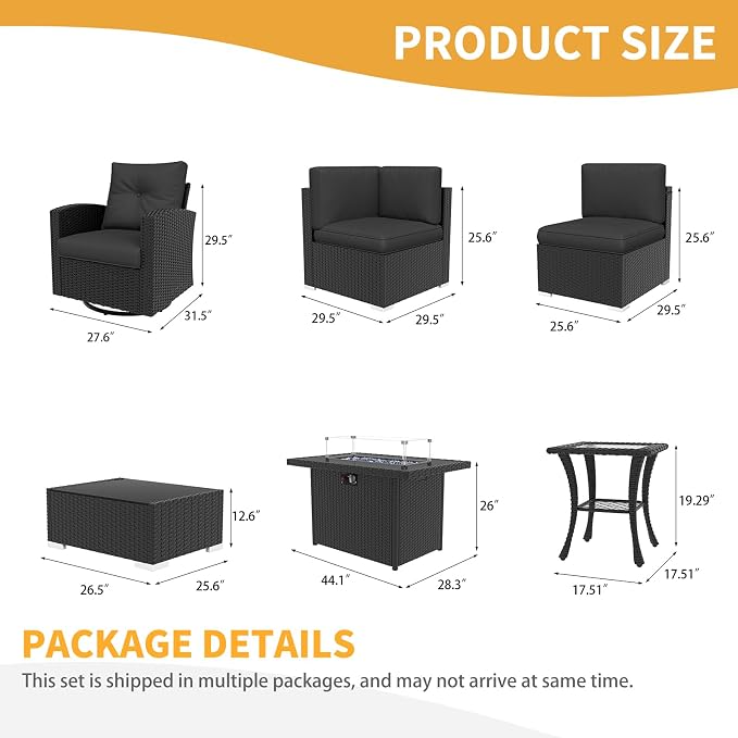 LayinSun 11 Pieces Patio Furniture Set with Fire Pit Table, Black Rattan Modular Sectional Outdoor Conversation Sofa Set, Swivel Rocking Chairs Set