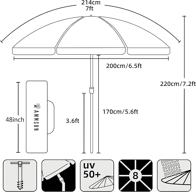 AMMSUN 7ft Beach Umbrella with Sand Anchor & Tilt, UPF 50+ UV Protection, Windproof Fiberglass Ribs, Portable Lightweight Outdoor Umbrella with Carry Bag for Beach, Patio, Pool, Camping Red