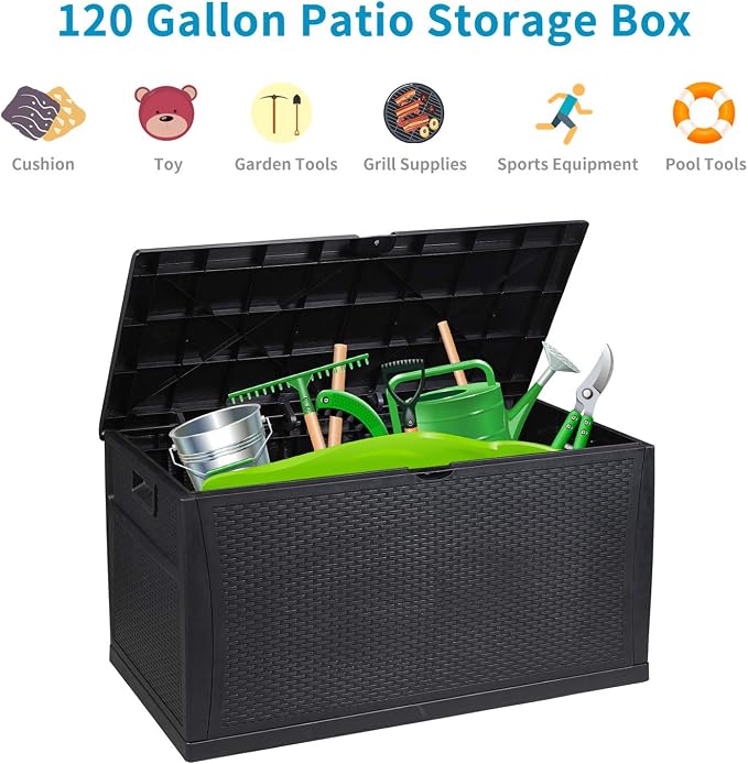 Leisurelife Waterproof Storage Deck Box Outdoor, 120-Gallon, Plastic, Black