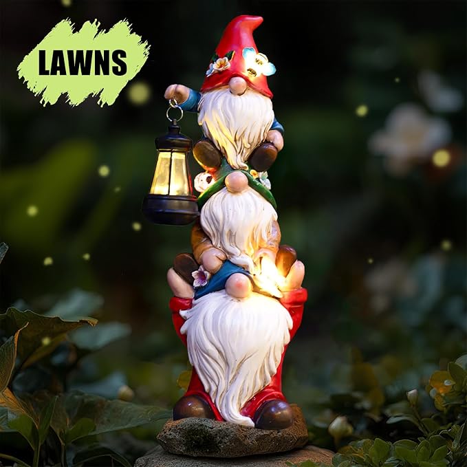 twinbling 12 in Garden Gnome Statue with Solar Lights | Birthday Gift for Mom Woman Grandma Garden Sculptures Funny Triple Gnome Outdoor Patio Lawn Yard Balcony Home Decor