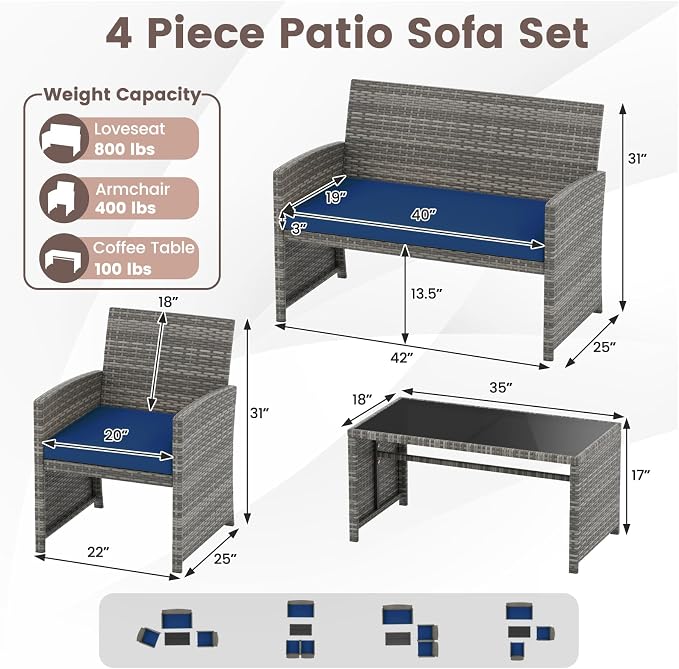 HAPPYGRILL 8 Piece Rattan Wicker Patio Conversation Set, Outdoor Furniture with Chair Loveseat Table & Cushion, for Backyard Porch Balcony (2, Navy)