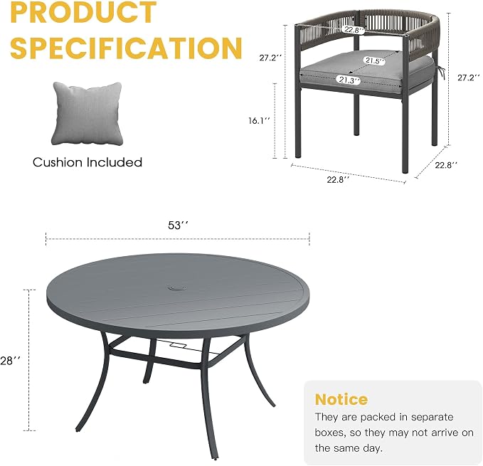 VICLLAX Patio Dining Set for 6-53" Round Table & Cushioned Seats, Grey