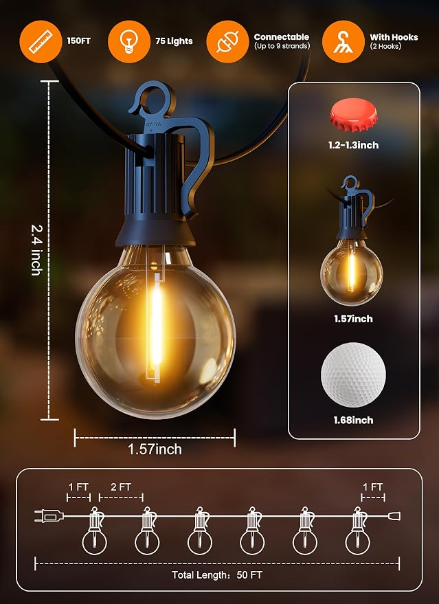 Outdoor String Lights, 159FT 77 LED Bulbs String Lights, IP65 Waterproof Connectable G40 Outside Patio Light for Backyard Porch Balcony Garden Decor Christmas Camping Gazebo