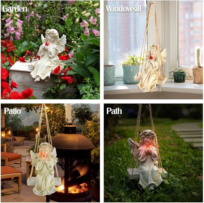 Angel Garden Statue,Fairy Solar Garden Decor with Warm Light | Waterproof Angel Statue with Swing & Holding Bird,Outdoor Garden Decor for Lawn Yard Patio Windowsill Garden Gifts, Apricot