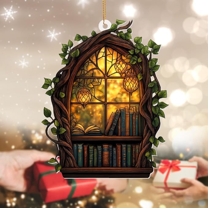 Gothic Window Book Ornament – Stained Glass Style Acrylic Christmas Ornament with Books & Ivy, Fantasy Home Décor, Book Lover Gifts for Women, Teacher & Librarian Holiday Decoration(Sun-19)