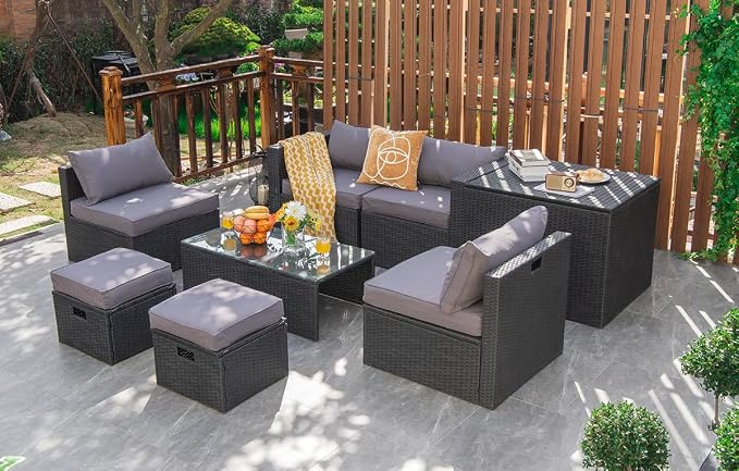 Tangkula 8 Pieces Patio Furniture Set with Waterproof Cover, Patiojoy Space Saving Outdoor PE Rattan Set with Storage Box, Tempered Glass Table, 2 Ottomans, 2 Armless Sofas & Corner Sofas