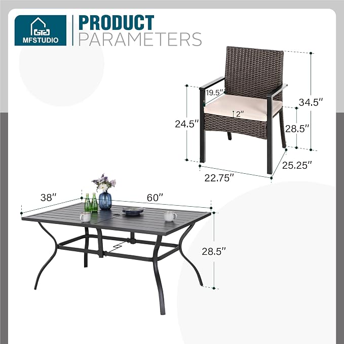 MFSTUDIO 7 Pieces Outdoor Dining Sets, Metal Rectangular Dining Table & 6 Cushioned Chairs, Wicker Patio Dining Furniture, All Weather Outdoor Furniture, E-Coated Frame, Rattan
