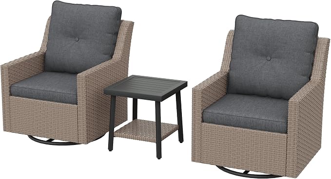 NestNook 3 Piece Patio Furniture Set, Outdoor Furniture Wicker Swivel Chairs Set of 2 with Side Table Rattan Patio Conversation Set for Balcony Deck Backyard and Poolside (Dark Grey)