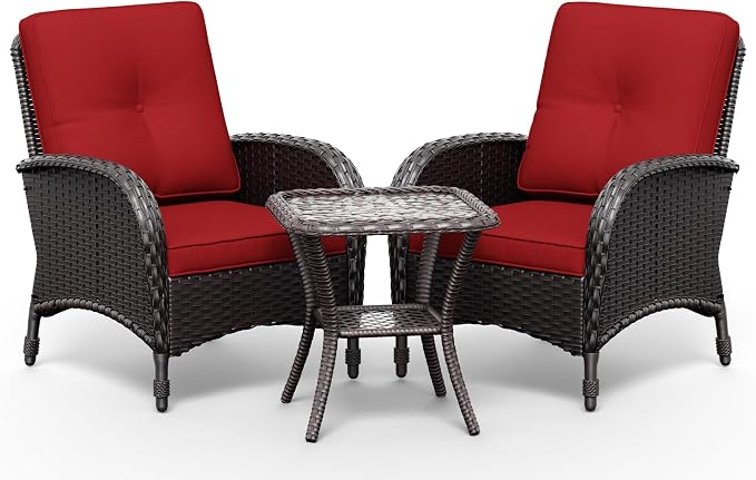 Joyside Wicker Patio Chairs, 3 Piece Rattan Outdoor Furniture with Thickened Cushions, High Back, Deep Seating, Wide Armrest, Outdoor Chairs for Porch, Deck