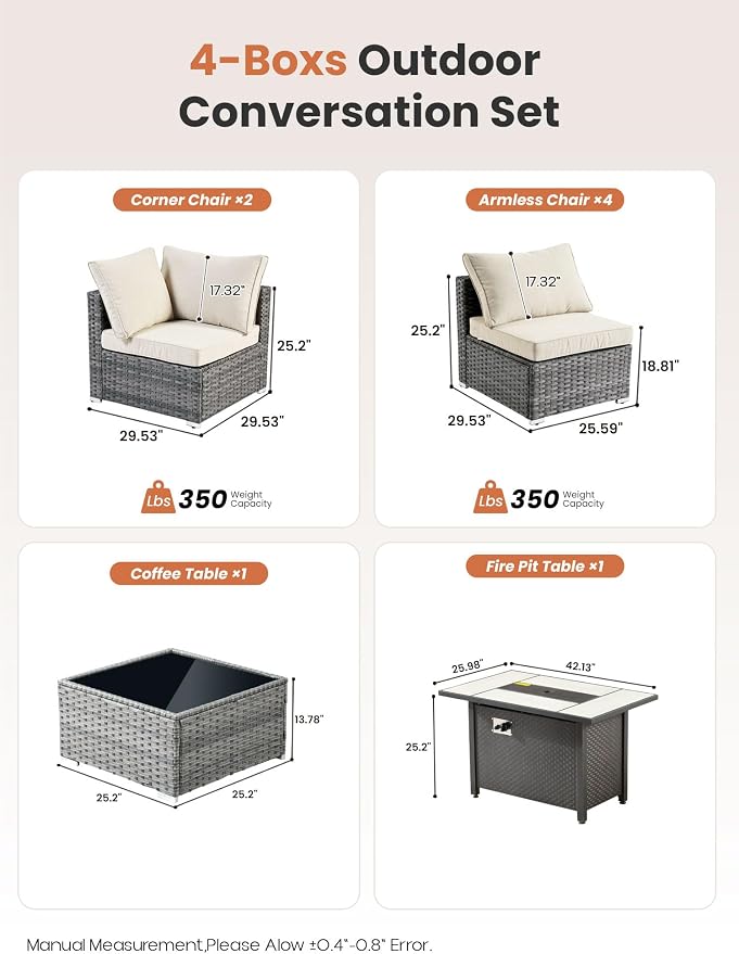 ovios Outdoor 8 Piece Patio Furniture Set with Fire Pit Table,Conversation Sectional Wicker Couch with Coffee Table,Modern Outside Sofa for Balcony Backyard, Beige