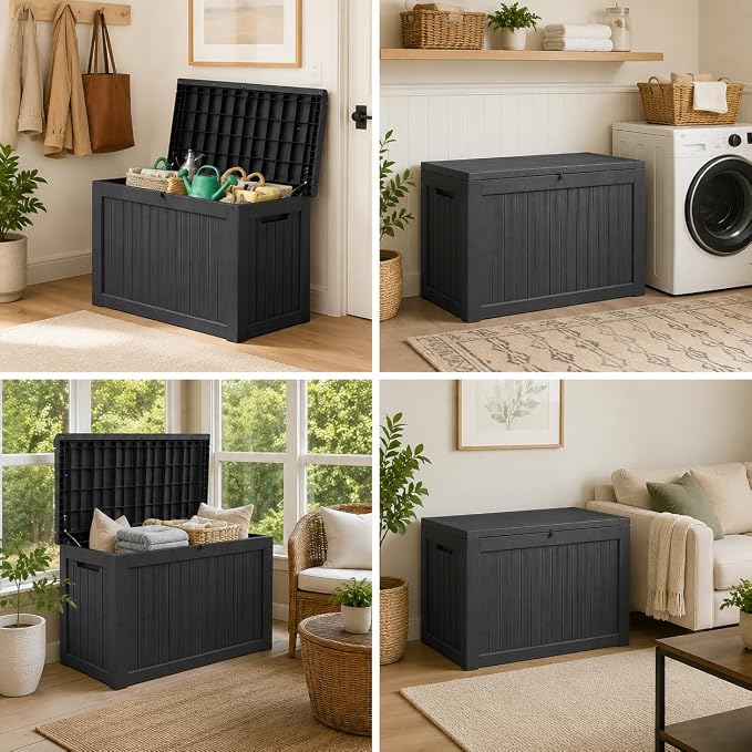 Outdoor Deck Patio Storage Box - 280 Gallon Large Outdoor Deck Box, Plastic Storage Bin with Lid, Outside Toy Box & Pool Storage Container for Cushions, Garden Tools, Towel, Black