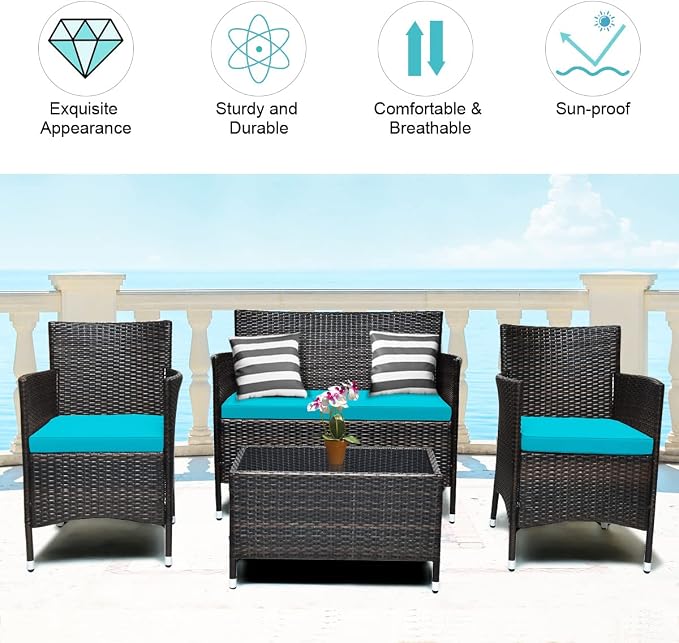 8 Pieces Patio Sofa Set, Wicker Conversation Set with Ergonomic Curved Backrest, Water-Resistant Cushion & Tempered Glass Table for Balcony, Porch (Turquoise)