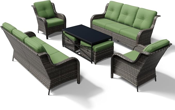 Joyside 7 Piece Wicker Patio Furniture Set, Rattan Patio Chairs with High Back, Deep Seating, Wide Armrest, Thickened Cushions, Outdoor Furniture for Deck, Porch Use