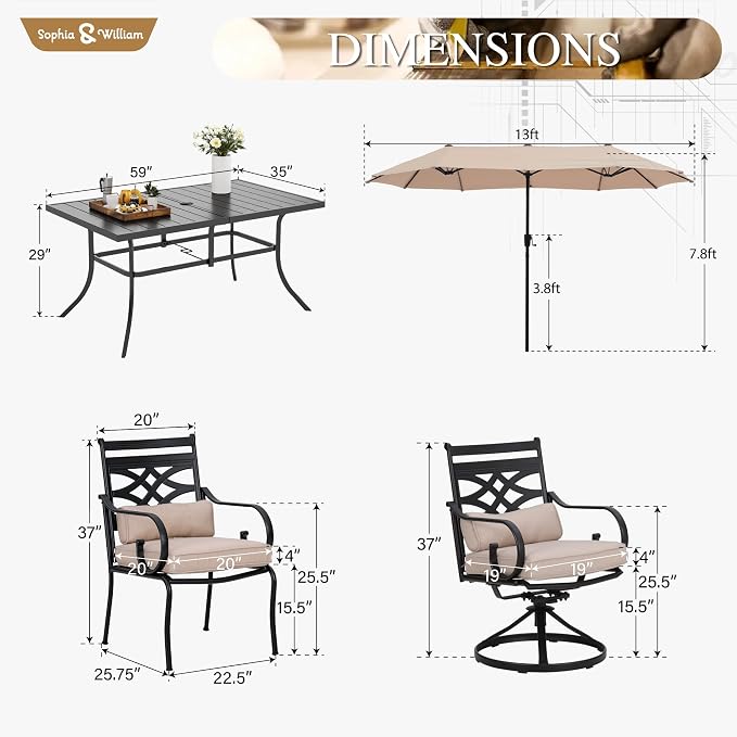 Sophia & William Patio Dining Set, 13ft Umbrella, Swivel Chairs, Beige | Seats 6, Cushions