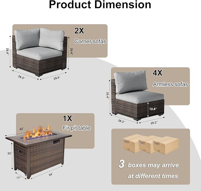 7 Pieces Patio Furniture Set with 44" Fire Pit Table, Rattan Outdoor Sectional Conversation Sets, All Weather Outdoor Furniture Set with Cushions for Garden Lawn Balcony Porch Deck, Grey