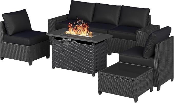Aoxun Patio Furniture Set with 44'' Fire Pit Table, 7 Pcs Outdoor Patio Furniture Sets with 4in Thicken Cushion, Widen Armrests Wicker Outdoor Sectional for Backyard
