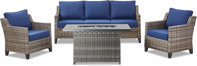 Patio Furniture Set with 42.5" Fire Pit Table-4 Pieces All Weather Wicker Outdoor Furniture with High Back Wicker Patio Chairs Set of 2 Outdoor Couch for Deck Backyard Blue/Gray