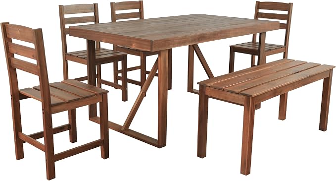 RUNNA Acacia Wood 6-Piece Outdoor Dining Set, Minimalist Patio Furniture with Dining Table,Bench and 4 Chairs for Garden, Balcony, Poolside (Brown-A1)