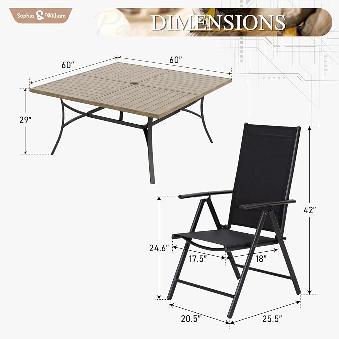 Sophia & William Patio Dining Set for 8, 8 Person Outdoor Dining Table Set Large Square Metal Patio Table and 8 Foldable Textilene Patio Chairs, Black, 1.57"-1.9" Adjustable Umbrella Hole