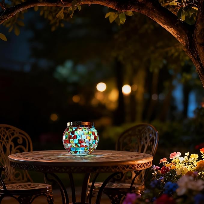 Cooo 6 Pack Gift for her him Landscape Lighting Path Lights Heavy Solar Mosaic Lantern with RGB Color-Changing Light – Dual Solar Panels, Red Amber Glass Tiles, Waterproof Outdoor
