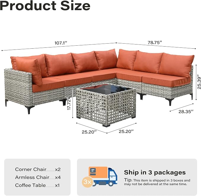 7 Pieces Patio Furniture Set with Solar Light Coffee Table, All-Weather Rattan Outdoor Sectional Conversation Sets L Shaped Sofas with Thick Cushions for Porch Balcony,Coarse Stripes Red