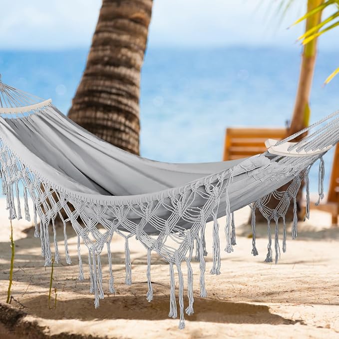 MOSFiATA Backyard Hammock with Tassels Max 500lbs Canvas Fabric Bohemian Style with Thickened Rope and Carry Bag for Outdoor, Garden, Patio, Wedding Decor (Gray)