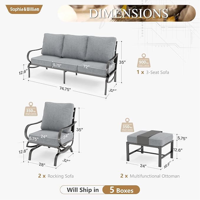 Sophia & William Patio Furniture Sets 5 Seats Outdoor Metal Conversation Sets 5 Pcs with 2 x Cushioned Swivel Sofa Chairs,1 x 3-Seat Sofa,2 x Ottomans for Coffee Lawn Backyard Poolside Grey