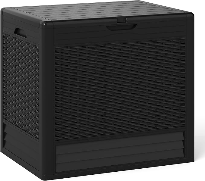 Tangkula 25 Gallon Outdoor Storage Box, Waterproof PP Resin Patio Storage Box with with Lockable Lid for Indoor & Outdoor Use, 2-in-1 Rattan Design Deck Box for Patio Cushions, Garden Tools