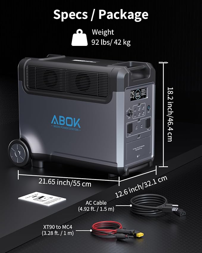 ABOK Ark3600 Portable Power Station with 200W Solar Panel, 3840Wh LiFePO4 Solar Generator Kit, 3600W AC Output, 2000W Max Fast Solar Input, Home Battery Backup for RV, Off-Grid, Power Outages