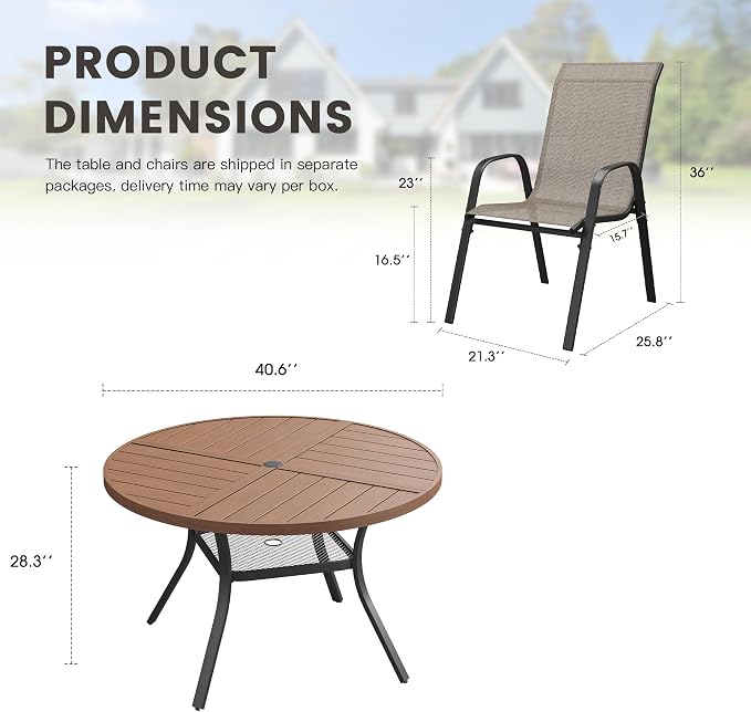5 Pieces Outdoor Dining Set, 40.7" Spliced Patio Table with Umbrella Hole & Stackable Outdoor Dining Chairs, Patio Furniture Set for Deck Garden Porch, Brown Chairs & Walnut Table