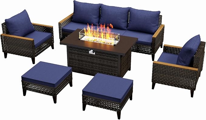 8 Piece Patio Sectional Sofa Set with 50000 BTU Fire Pit Table, All-Weather Wicker Rattan Outdoor Conversation Set, High Back, for Garden, Porch, Poolside, Blue