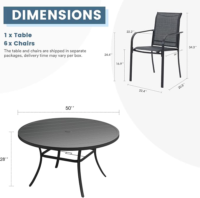 DIFY Patio Dining Set for 6, 7 Piece Outdoor Table and Chairs Set, 50" Black Round Metal Patio Dining Table and 6 Grey Textilene Stackable Patio Chairs, for Backyard Garden Poolside
