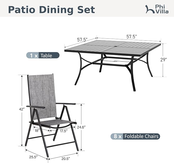 PHI VILLA Outdoor Dining Set for 8 w/Square Table & Folding Chairs, Grey | Light-weight & space-saving, Breathable & quick-drying, Metal Table, Umbrella Hole, Weather-Resistant, Adjustable, Patio deck