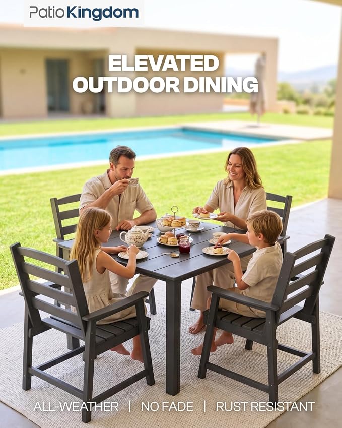 HDPE Outdoor Dining Set for 4 with 10FT Umbrella, Grey | All-Weather HDPE, Wood Grain Finish, 42.5" Square Table, Built-In Umbrella Hole, Seats 4, Patio & Poolside Ready