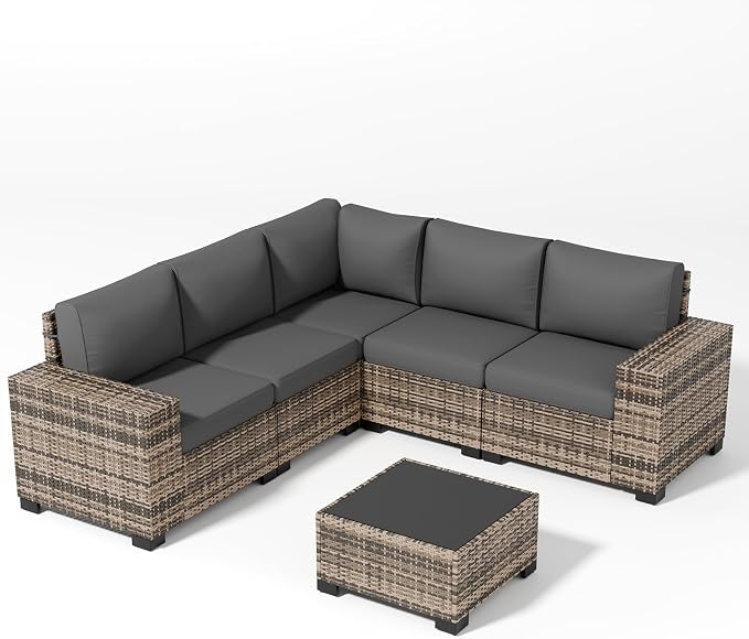 Patio Furniture Set, Wide Armrest Outdoor Furniture Set with Thick Cushions, 6 Piece Wicker Rattan Patio Sectional Sofa for Backyard, Poolside, Garden