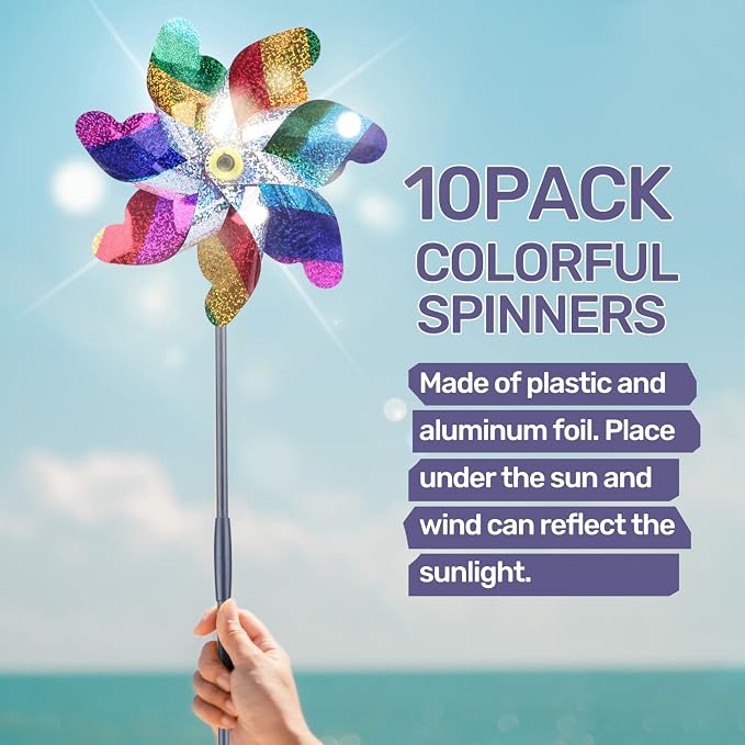 BATTIFE Preassembled Reflective Pinwheels for Yard & Garden, Color, 10 Pack | Sparkly Reflective Material Spinner, Spins Best in Steady Wind, Animal-Deterrent Results Vary by Placement and Conditions