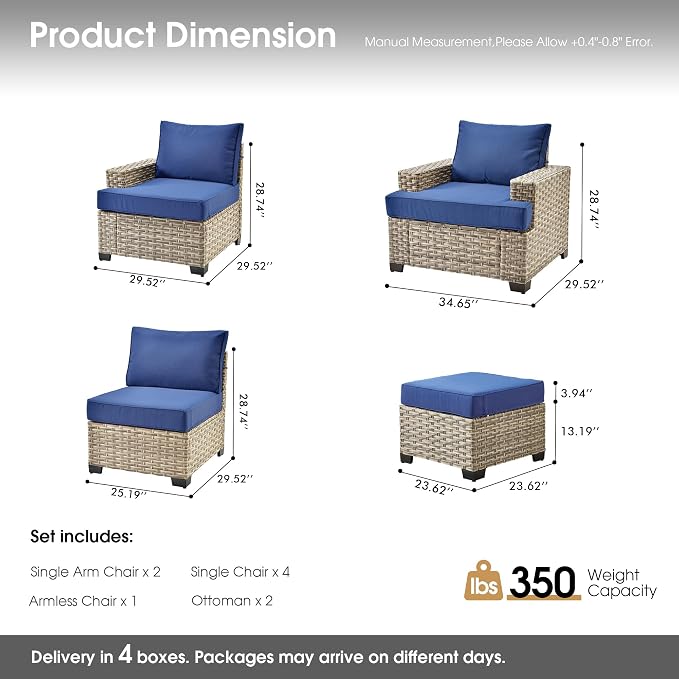 Outdoor Sectional Patio Furniture Set,9 Pieces All Weather Rattan Wicker Conversation Sets,Out Door Furniture with Ottoman Single Chair,Navy Blue