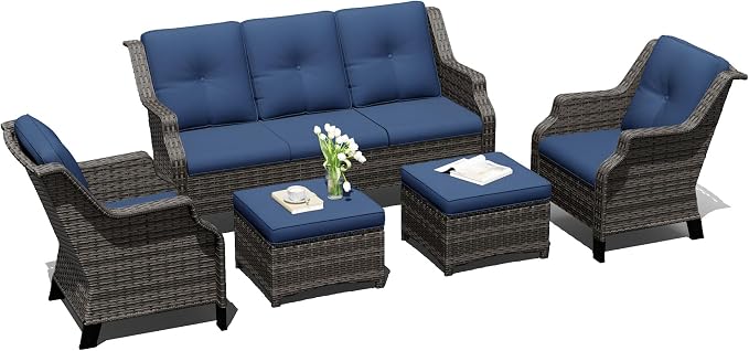 Outdoor Patio Furniture Set, 5 Piece Wicker Patio Furniture with Thick Cushions, Curved Armrest, Deep Seating, Rattan Outdoor Chairs for Porch, Deck, Balcony