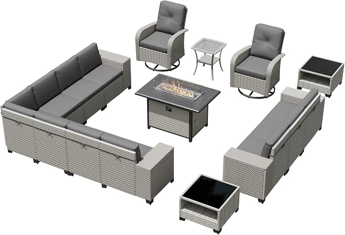 16-Piece Outdoor Patio Furniture Set, Modular Sectional Sofa Set with Swivel Rocker Chairs & Fire Pit, Wicker Outdoor Couch Conversation Sets w/Coffee Table and Cushions, Gray