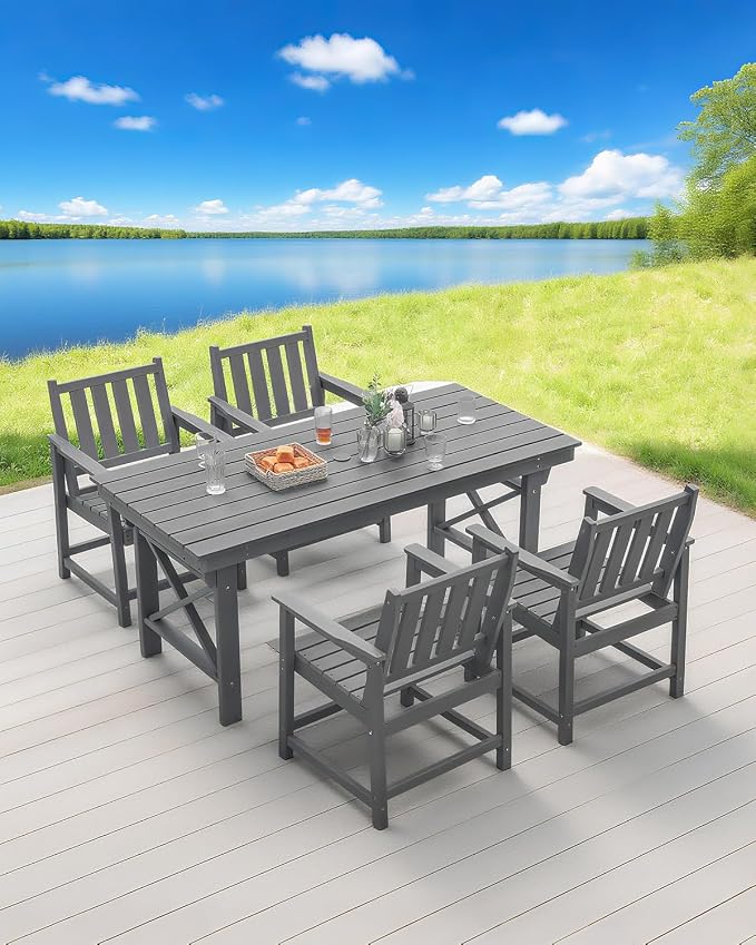 Outdoor Patio Dining Set, 5-Piece Rectangular HDPE Dining Table with Umbrella Hole and 4 Chairs, Modern Patio Furniture Dining Sets for Poolside, Deck and Garden, Gray