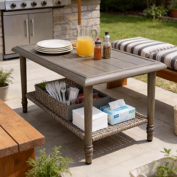 Coffee Table with Storage, PE Rattan Top & Durable Frame, Outdoor Coffee Table Rectangular, Outdoor Patio Table for Balcony Porch Garden Supports 200 lbs, Handwoven Rectangle Design(42” x 23” x 18)