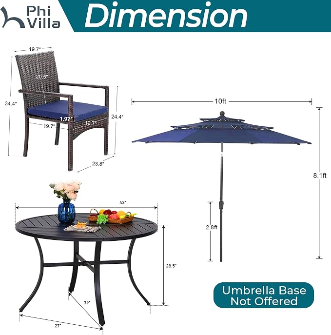 PHI VILLA 5pc Patio Dining Set with Umbrella, Round Table, Rattan Chairs | Includes 42" Round Metal Table, 4 Cushioned Rattan Chairs and 10ft Blue umbrella. Perfect for patio, deck, yard, or porch