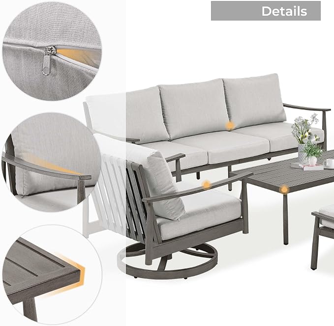 HAPPATIO Patio Outdoor Furniture Set - 6 Pieces Aluminum Outdoor Conversation Set with 1 Three-Seater Sofa, 1 Coffee Table, 2 Swivel Chairs, and 2 Ottomans for Yard, Porch, and Deck (Grey)