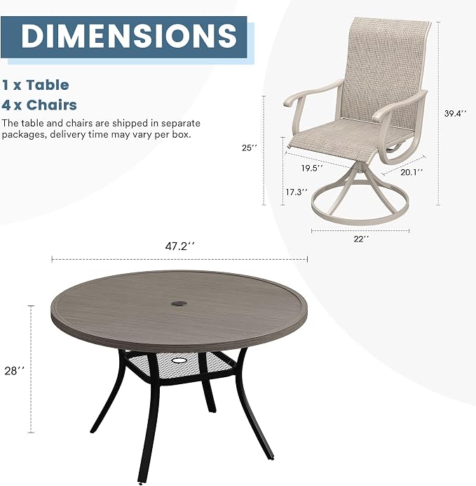 DIFY Outdoor Dining Set for 4, 5 Piece Patio Table and Chairs Set, Swivel Patio Chairs with Sandshell Textilene & 47.2" Grey Wood-Like Round Metal Dining Table with Umbrella Hole, for Garden Backyard