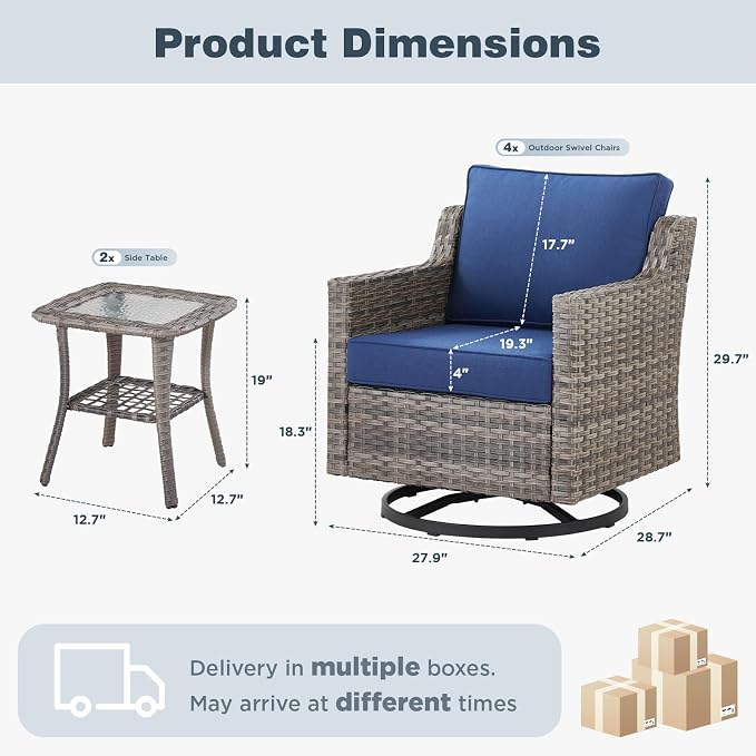 Belord Patio Wicker Swivel Rocker Patio Chairs with Side Table, Outdoor Rattan Chairs for Deck Porch Garden, 6 Piece Luxury Patio Furniture Set, Blue