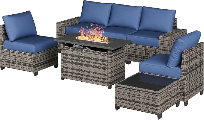 Aoxun Outdoor Patio Furniture Set with 44'' Fire Pit Table, 7 Pcs Outdoor Patio Furniture Sets with 4in Thicken Cushion, Widen Armrests Wicker Outdoor Sectional for Backyard, Navy Blue