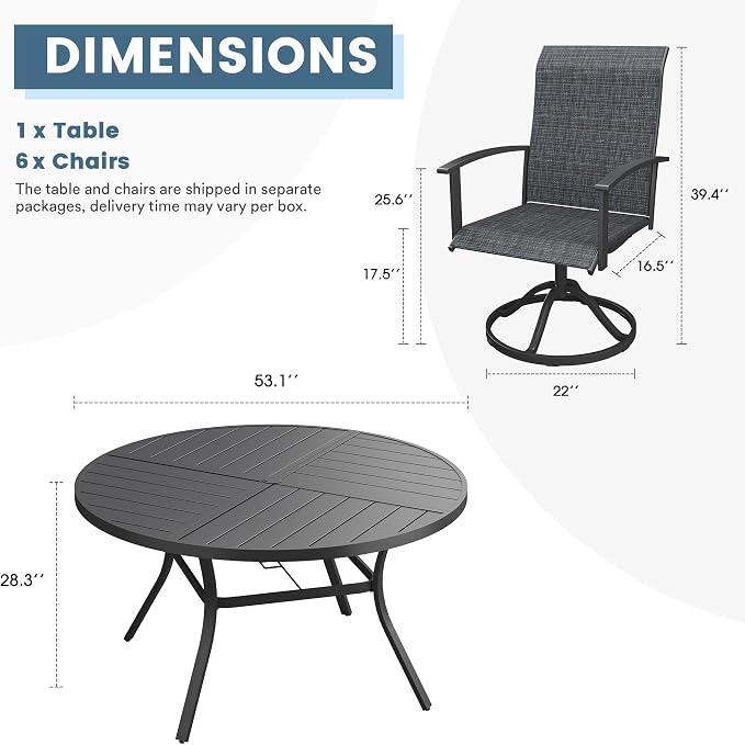 DIFY 7 Pieces Outdoor Dining Set, Metal Patio Table and Chairs Set for 6 with Umbrella Hole, 53.1" Black Round Table and Dark Grey Textilene Swivel Patio Chairs for Garden, Backyard, Poolside