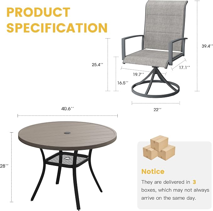 VICLLAX 5 Pieces Patio Dining Set - 41.2" Round Outdoor Table and Swivel Padded Chairs, Grey Wood Grain Tabletop and Grey Fabric