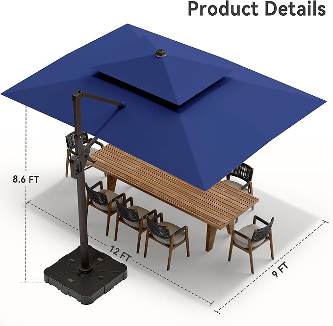 9' X 12' Cantilever Patio Umbrella with Base Included and Led Lights Double Top Rectangular Outdoor Large Offset Umbrellas with 7 Tilts Adjustable 360°Rotation for Deck Pool Garden Backyard, Navy